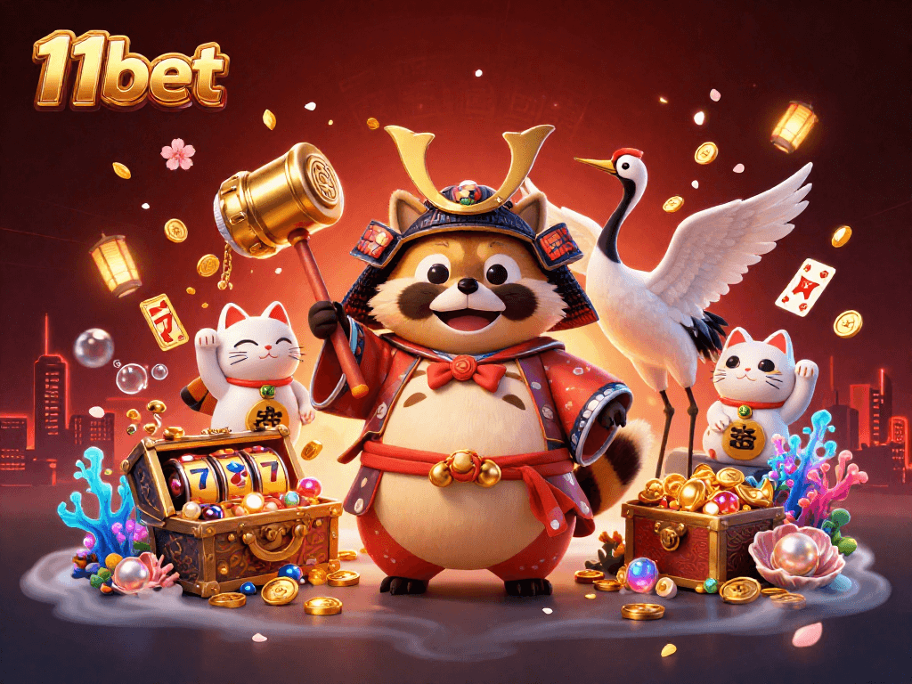 Participate in Casino Gaming with 11bet's vibrant illustration of a cheerful tanuki and fortune cats.