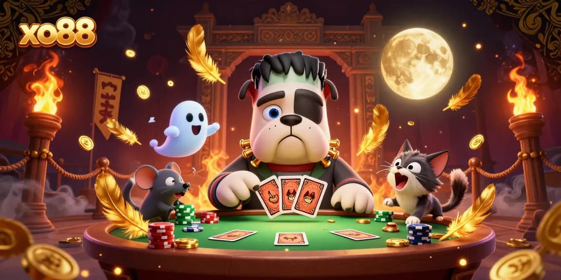 Engage with xo88 table games featuring a Frankenstein bulldog and whimsical characters in action.