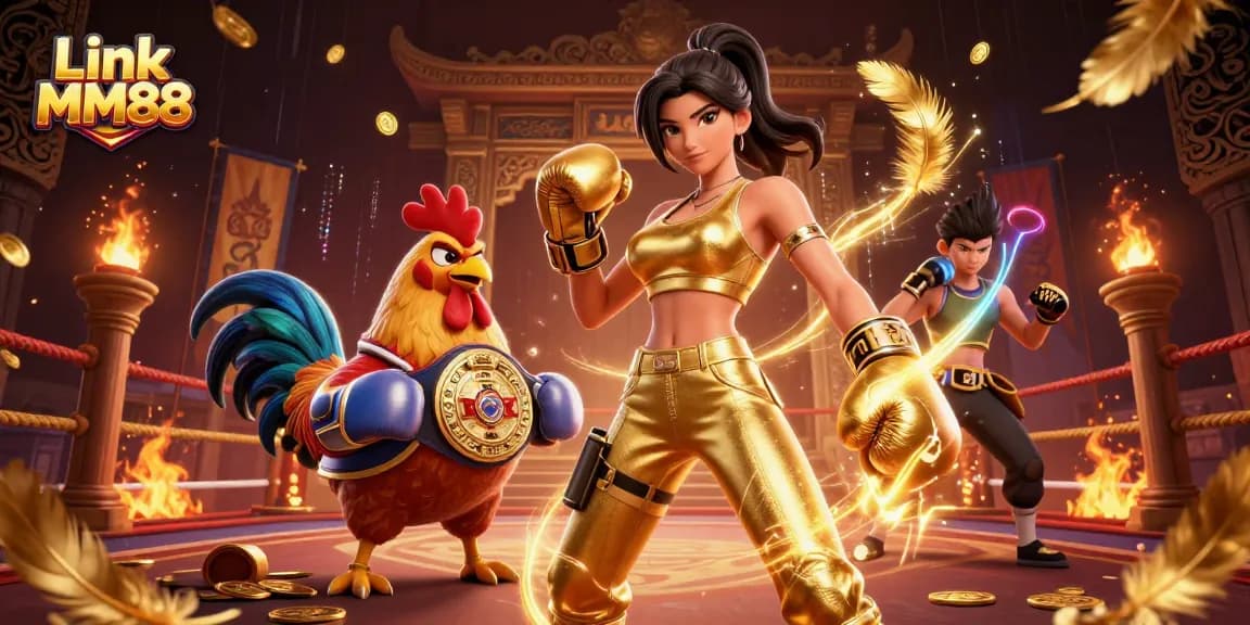 Engage in thrilling action with Link MM88's championship rooster and powerful player in a dynamic casino scene.