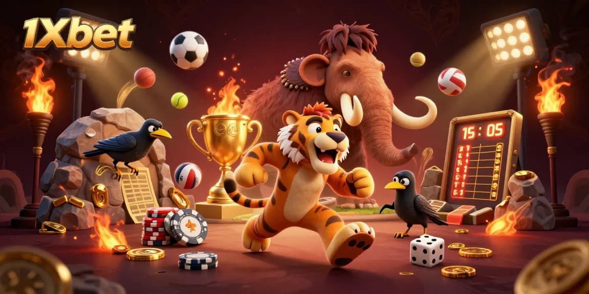 Engaging 1xbet gaming scene with a caveman and a tiger duo in a prehistoric casino, vibrant sports elements.