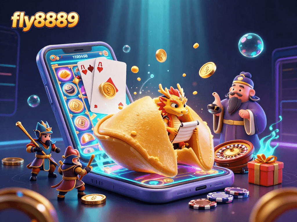 Experience exciting wins with fly8889, featuring a golden fortune cookie and vibrant casino elements.