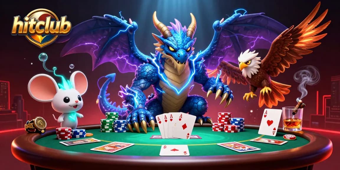 Experience thrill at hitclub with a powerful dragon, hawk, and thunder mouse amid a dynamic casino scene.