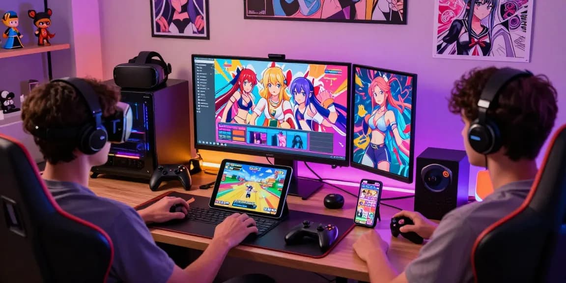 Engaging scene of players immersed in ecchi games online on various devices, showcasing vibrant visuals and cozy gaming atmosphere.