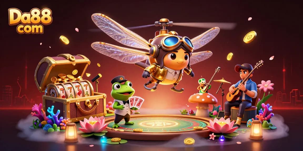 Join the fun at Da88 com with vibrant scenes of unique casino gameplay featuring a frog croupier and exciting slot reels.