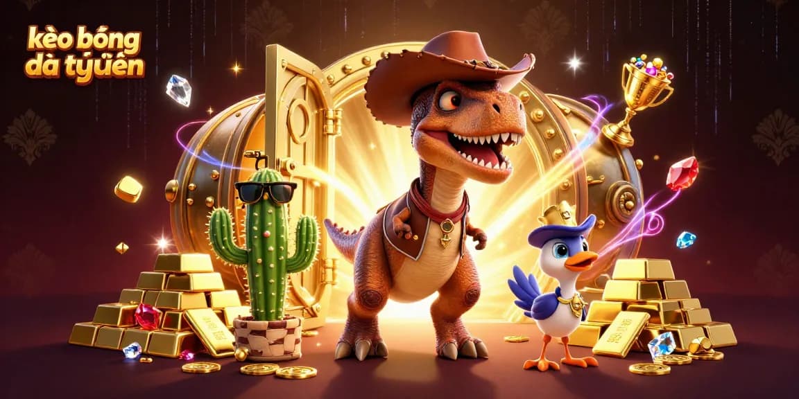 Experience kèo bóng đá trực tuyến excitement with this dynamic 3D scene featuring vibrant characters and treasure.