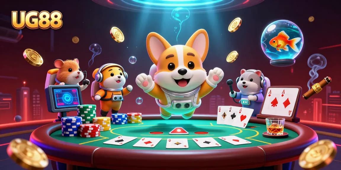 Engage with the thrilling UG88 space casino scene featuring a floating corgi, poker chips, and vibrant game elements.