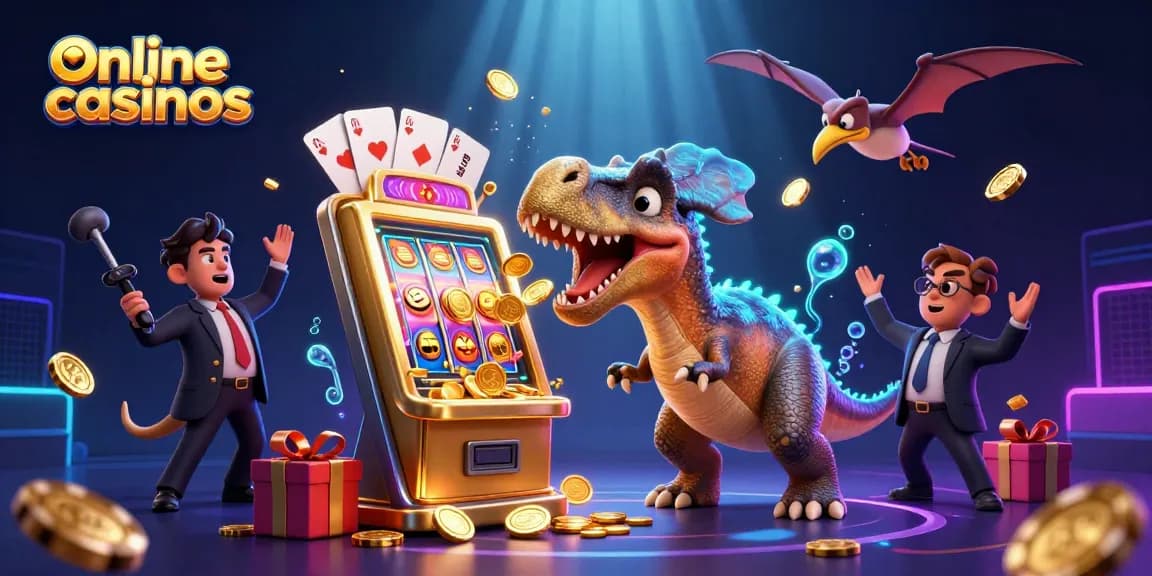 Online casinos illustration featuring a dinosaur winning jackpot at a slot machine amidst flying coins.