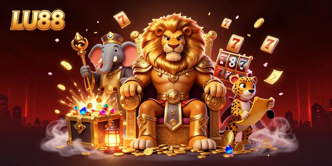 LU88 showcases an engaging online casino atmosphere with the majestic lion king and dynamic gaming elements.