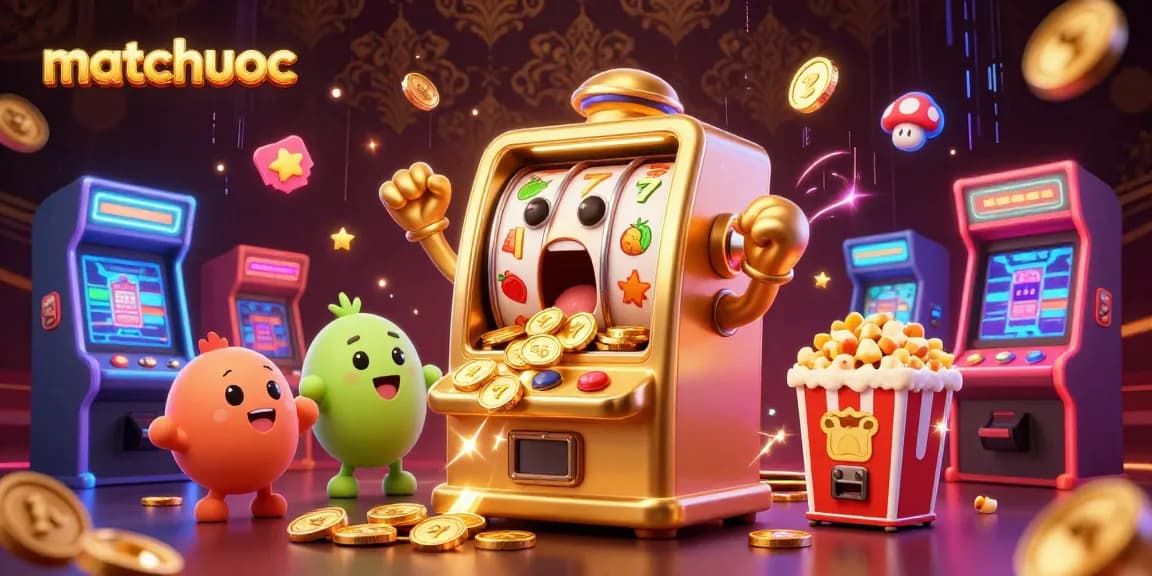 Matchuoc slots feature golden slot machines celebrating jackpots with colorful game elements and vibrant energy.