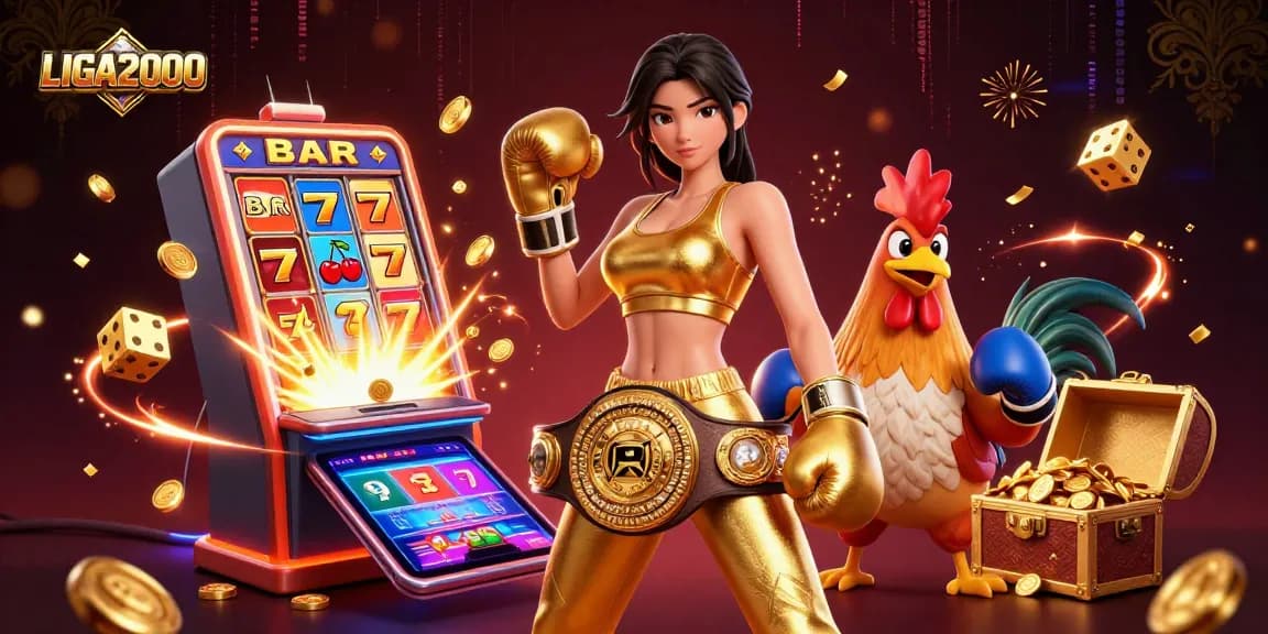 LIGA2000 menangkap momen dinamis seorang wanita kuat dan ayam juara di tengah suasana kasino yang hidup.