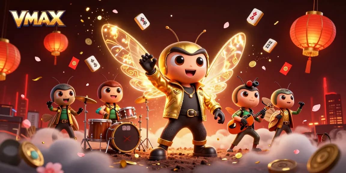 Bet on VMAX with dynamic casino characters amid 3D game elements and vibrant colors.