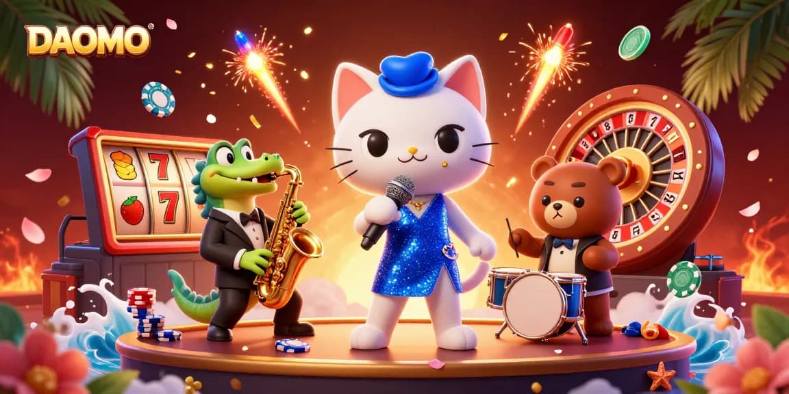 DAOMO casino scene features a jazzy cat and companions celebrating wins at slot reels.