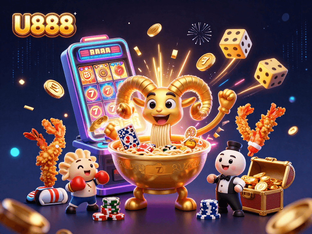 Experience the excitement of U888 with a vibrant 3D illustration of a unique casino scene