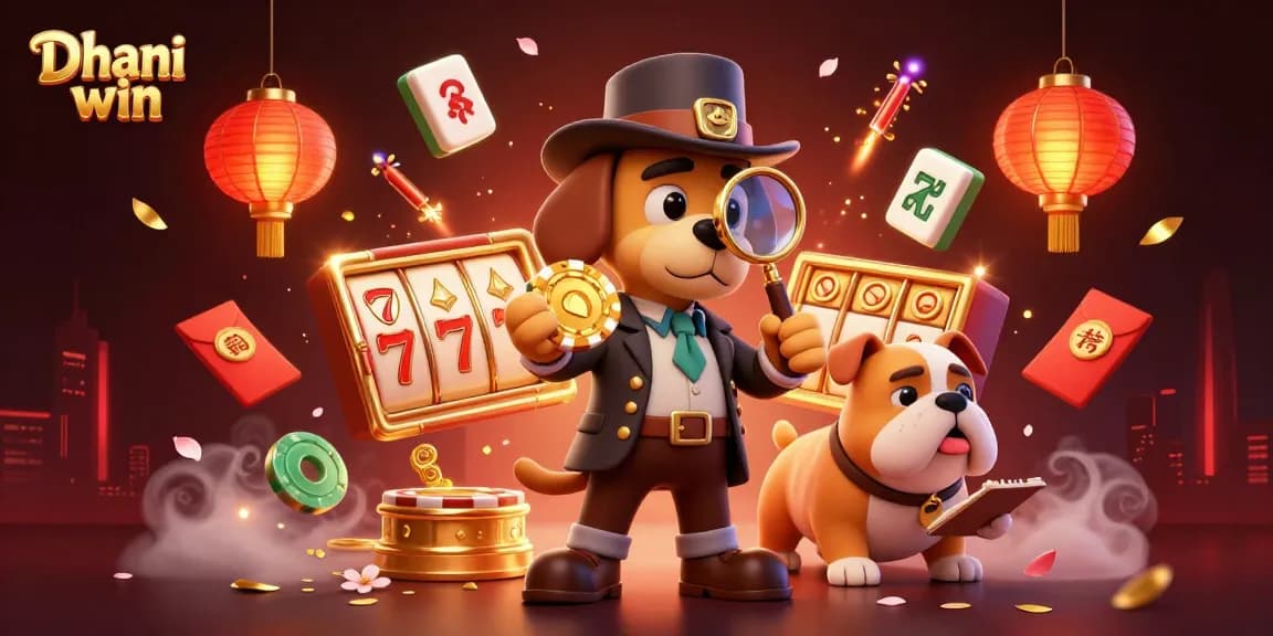 Dhani win detective inspecting a golden poker chip clue amidst vibrant casino-themed elements.