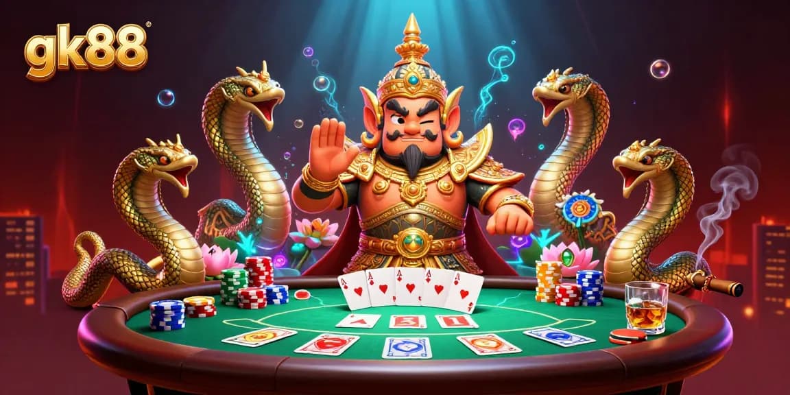 Experience thrilling poker action with gk88 playing cards and vibrant casino elements in a dynamic 3D scene.