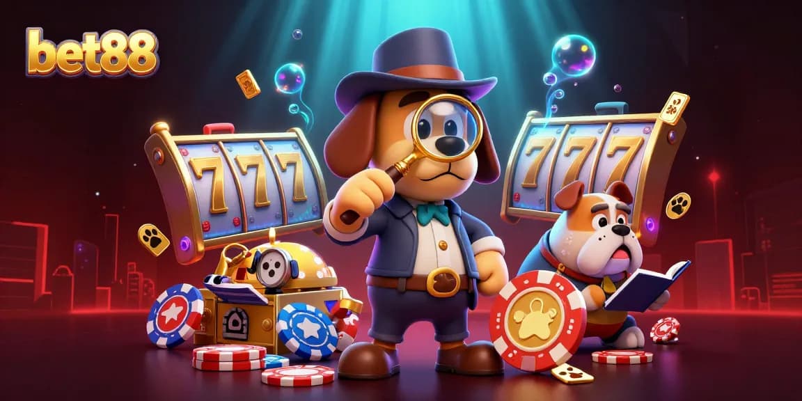 Bet88 showcases a thrilling casino scene with a detective exploring poker chips and slot elements.