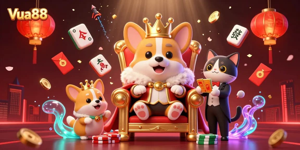 Join Vua88 for exciting betting experiences, featuring a royal corgi surrounded by vibrant casino elements.
