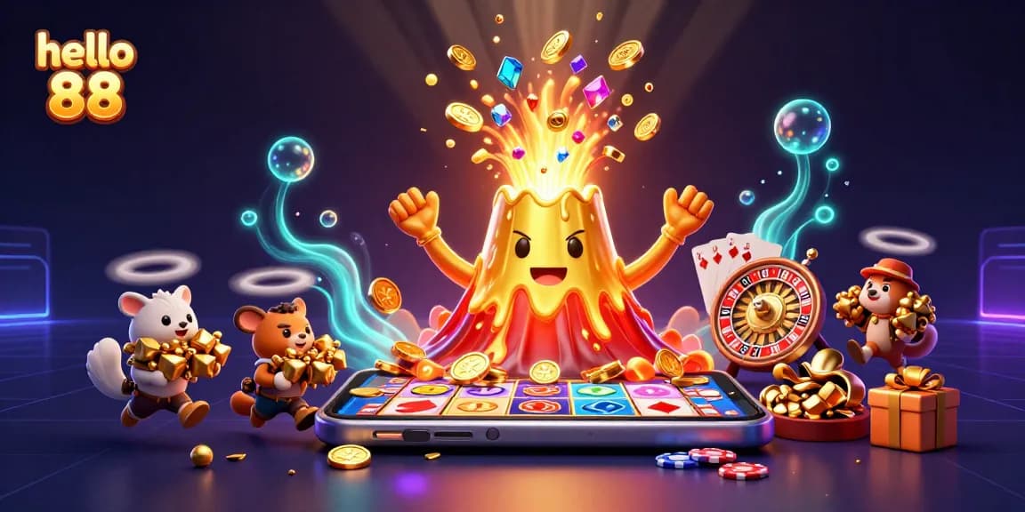 Experience the thrill of hello 88 with a triumphant golden volcano erupting coins and gems in surreal casino magic.