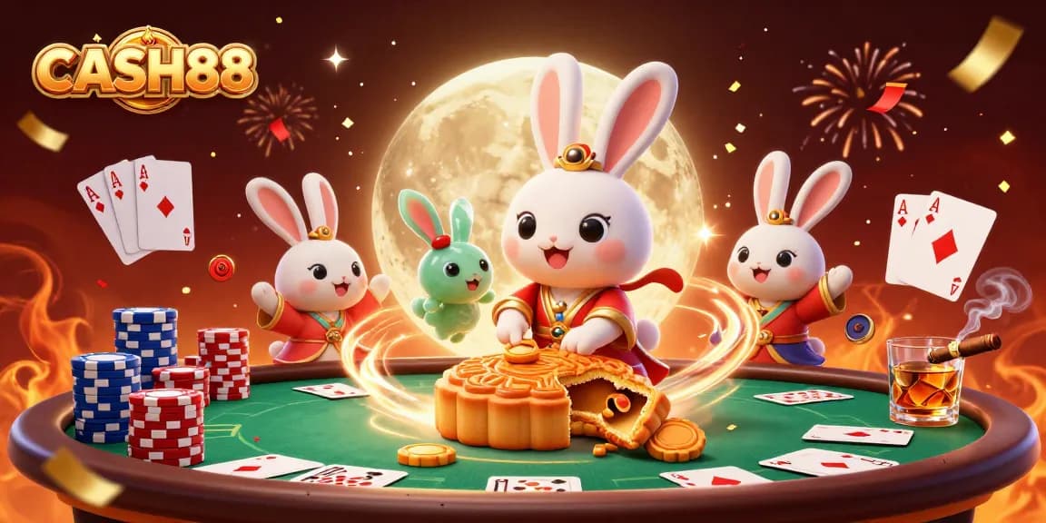 Play poker and win big with CASH88 in a vibrant 3D lunar casino scene featuring folklore characters.