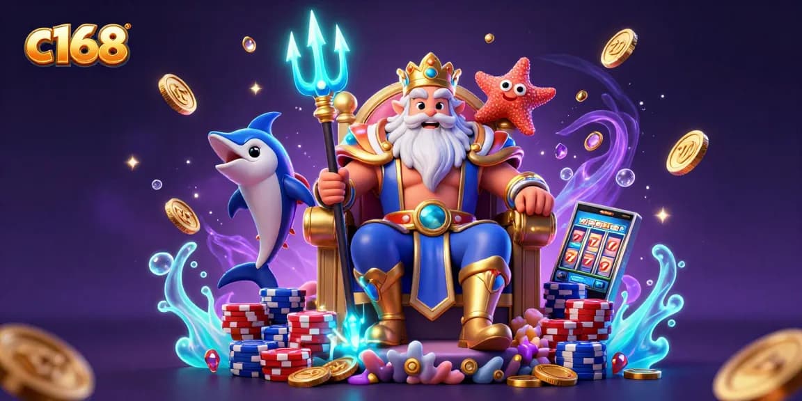 Engage with c168 as Neptune oversees a vibrant casino realm filled with treasures.