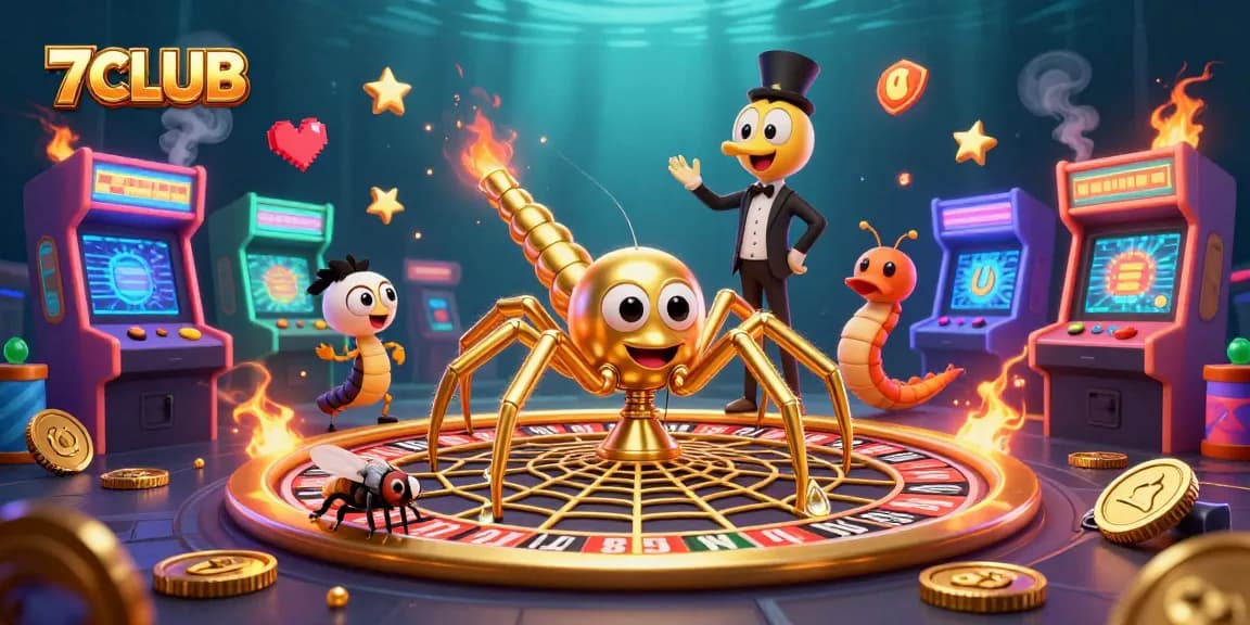 Engage in thrilling betting action at 7CLUB, where a golden spider spins a roulette wheel web.