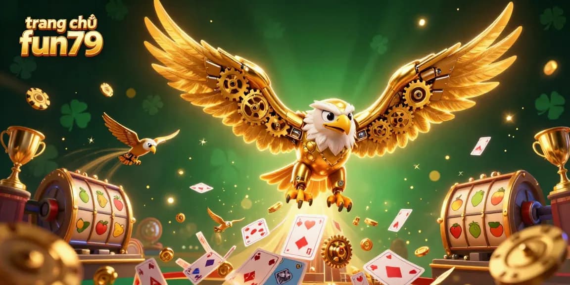 Experience the excitement at trang chủ fun79 with vibrant 3D illustrations of diving golden eagles and engaging slot games.