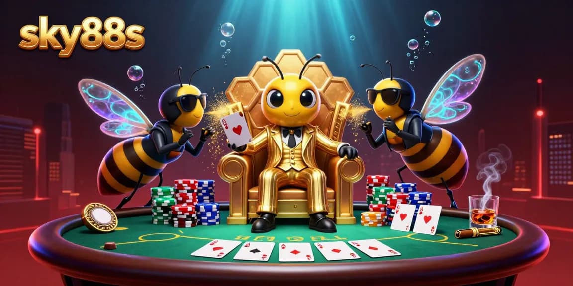 Experience intense gambling moments with sky88s featuring a vibrant casino scene full of poker elements.
