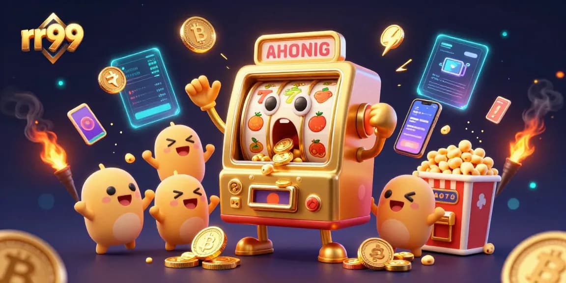 rr99 engaging players with a vibrant 3D slot machine jackpot scene accented by crypto elements