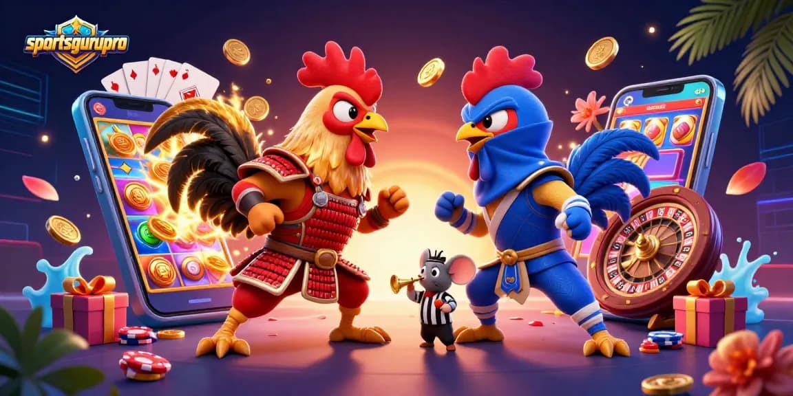 Engage with sportsgurupro's thrilling casino scene featuring cartoon roosters in a gambling standoff.