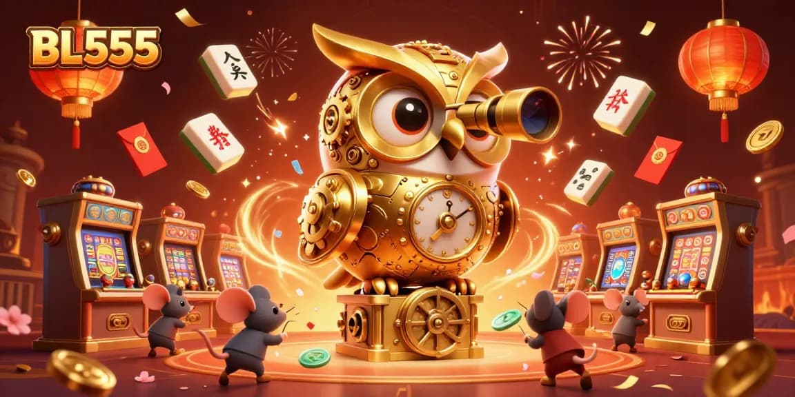 Experience the excitement of BL555 with a golden owl overseeing a dynamic casino scene filled with vibrant game elements.