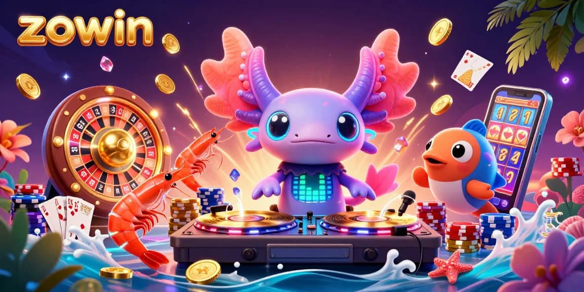 Zowin animates excitement, showcasing playful axolotl DJ amidst vibrant casino elements like coins and roulette.