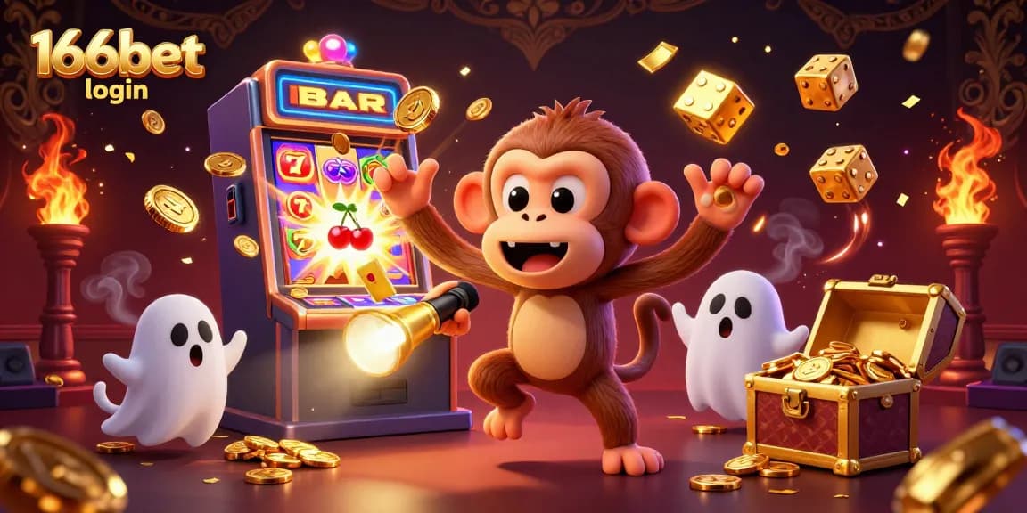 Experience the thrill of 166bet login with a vibrant casino scene featuring a ghost-hunter puppy and a juggling monkey.
