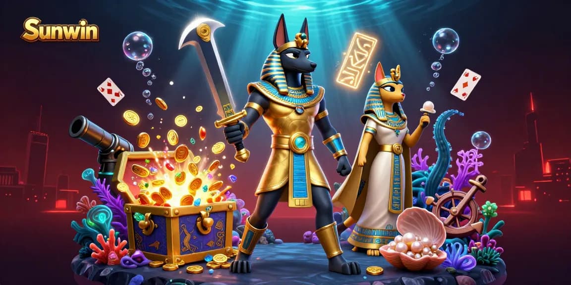 Sunwin features a vibrant scene of a golden Anubis and Bastet amid riches, highlighting exhilarating gaming.