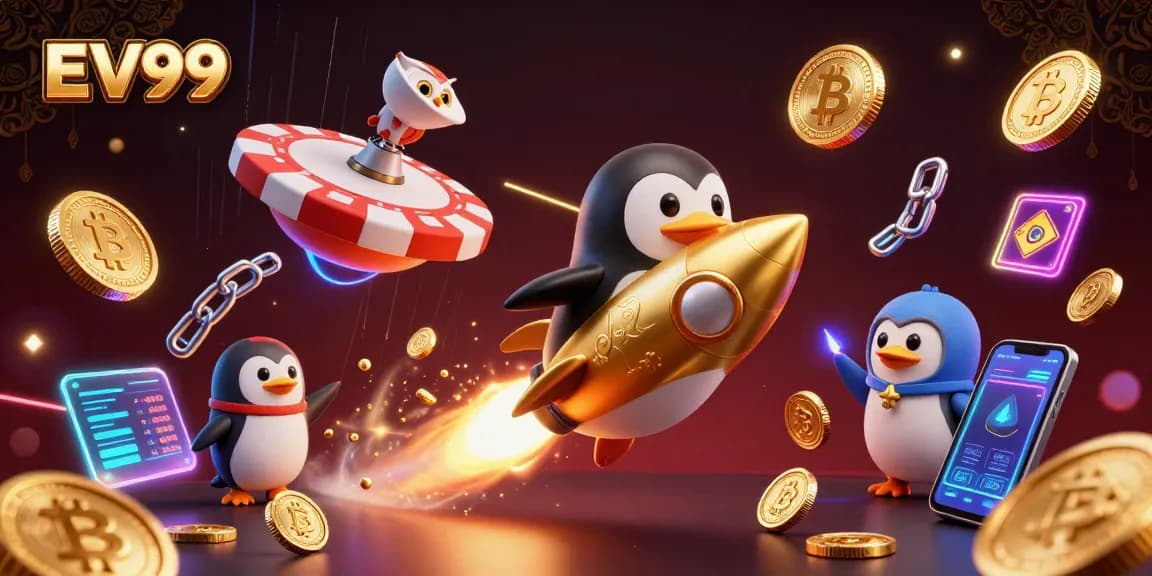 Engage with EV99's casino universe featuring a golden penguin soaring to a casino chip station amidst floating crypto elements.