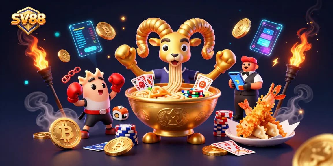 Engage in thrilling action with SV88's vibrant casino illustration featuring unique characters and digital assets.