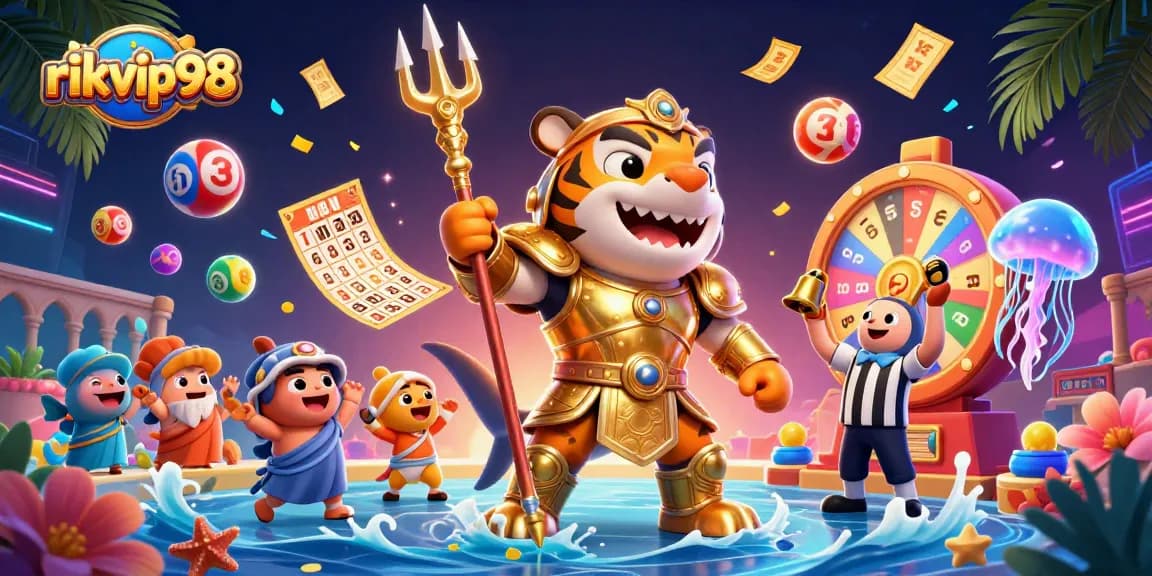 Engage in exciting gameplay at rikvip98 with a lively underwater casino scene, showcasing vibrant lottery balls and prizes.