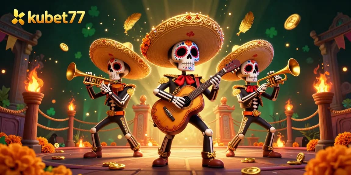 Experience vibrant kubet77 gaming action with skeleton mariachi band amidst gold coins and dynamic casino elements.
