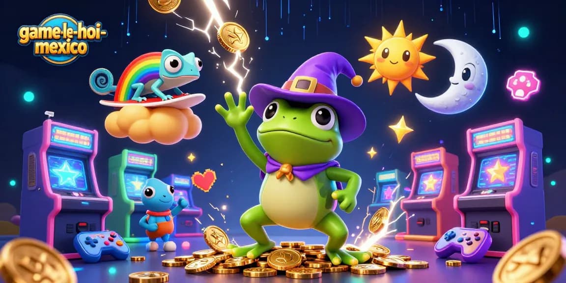 Win with game-le-hoi-mexico as a cartoon wizard frog conjures coins amidst colorful gaming elements.