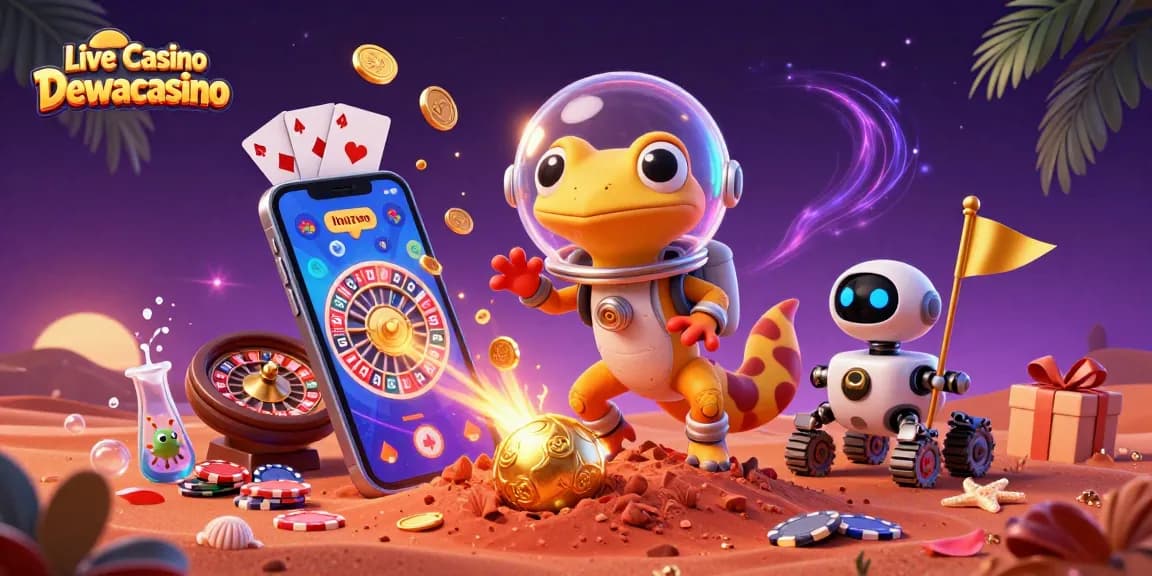 Experience thrilling gameplay in Live Casino Dewacasino with dynamic roulette, playing cards, and exciting gold bursts.
