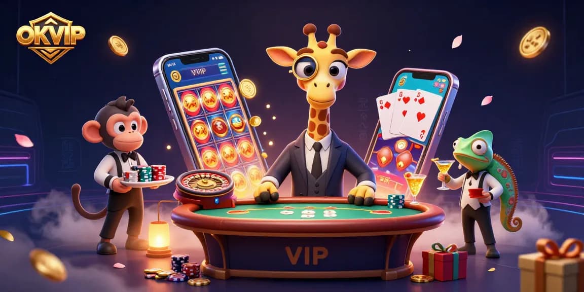 Experience high-stakes gameplay at OKVIP with a vibrant casino scene featuring a giraffe, monkey, and chameleon.