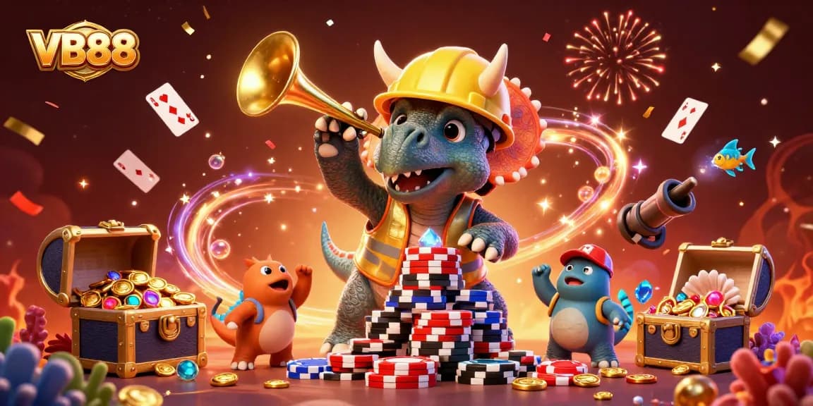 VB88 celebration scene with triceratops building poker chips amid casino elements and treasure.