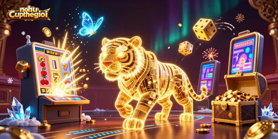 Nohu-cupthegioi illustrated as a neon-wireframe tiger in a dynamic casino, surrounded by slot machines and victory symbols.