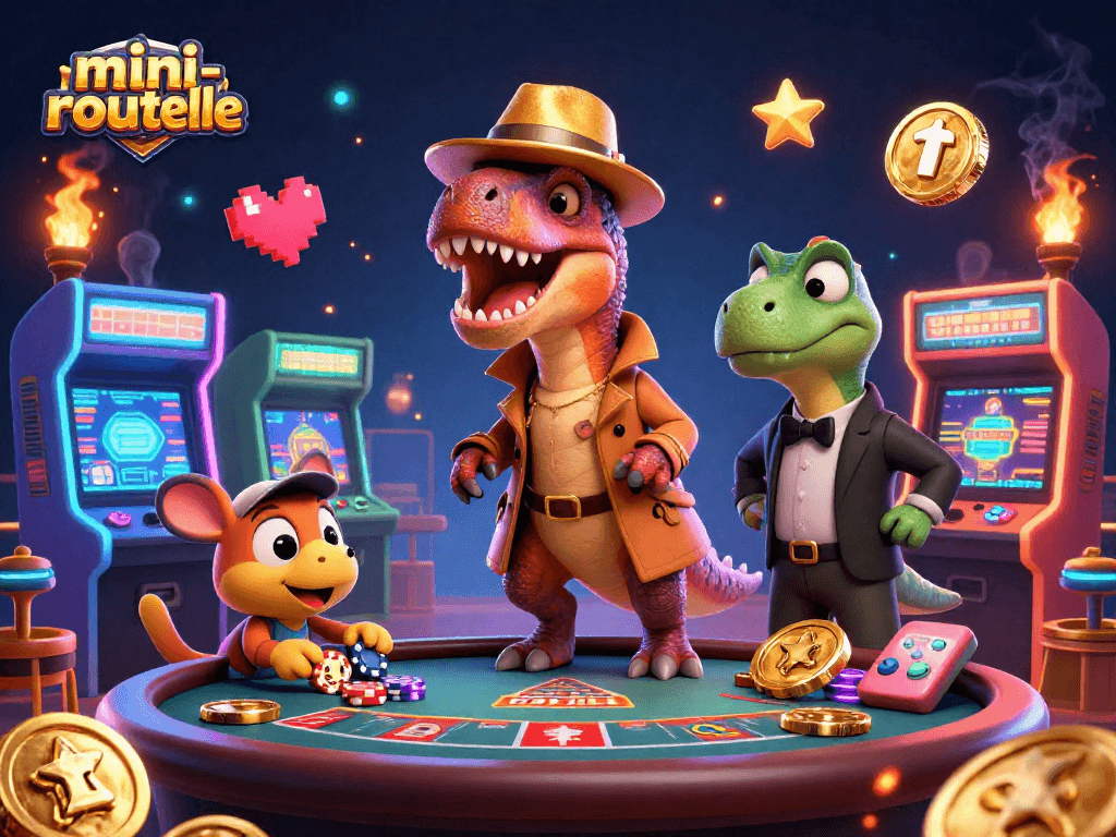 Experience the excitement of mini-roulette with a 3D dinosaur showdown at a casino table.