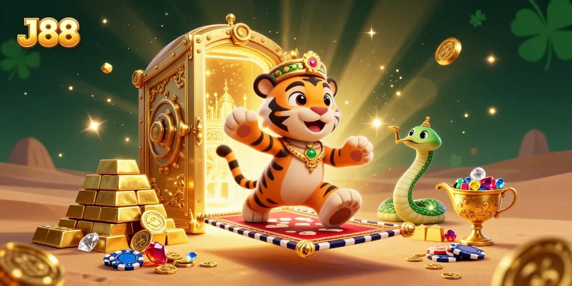 Experience the thrill of J88 as the sultan rides his poker chip carpet in a lavish casino scene.
