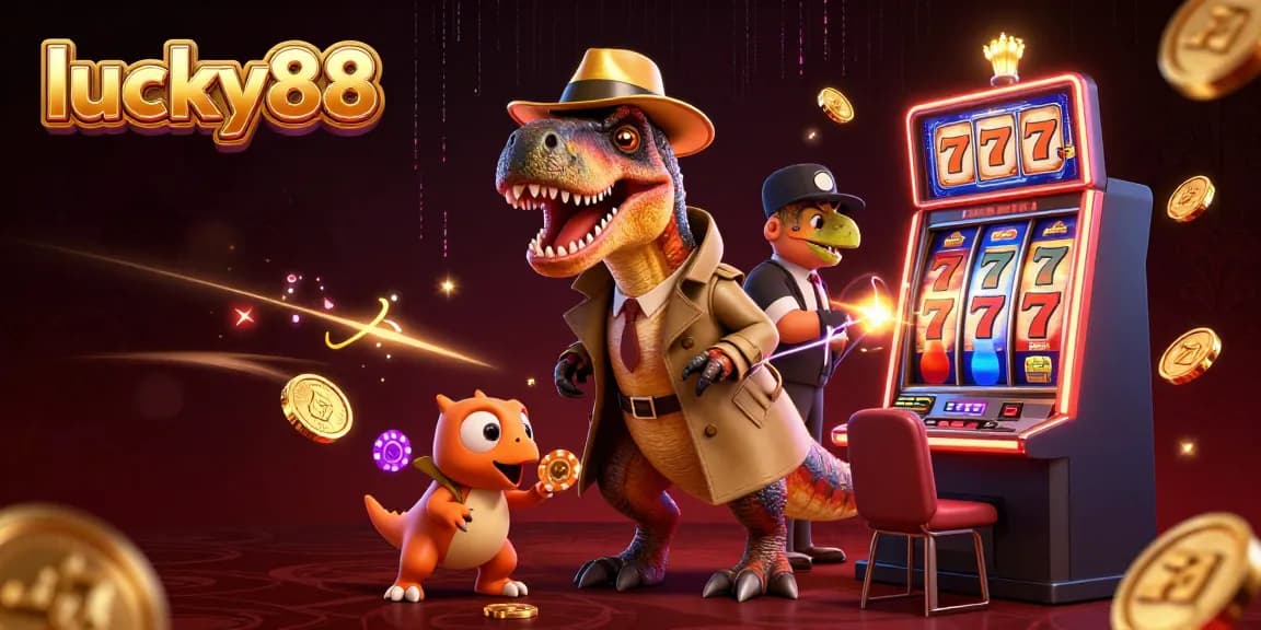 Experience the excitement of lucky88 with a velociraptor at a slot machine amid vibrant gaming elements.
