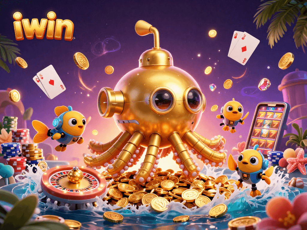 Win big with iwin's vibrant 3D casino scene featuring a golden kraken and spinning roulette wheel.