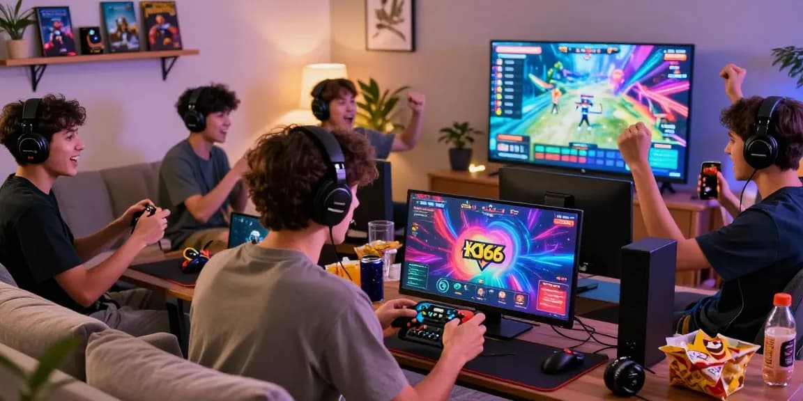 Young adults engaging in online gaming competition with KO66 logo, cozy living room setup, vibrant atmosphere.