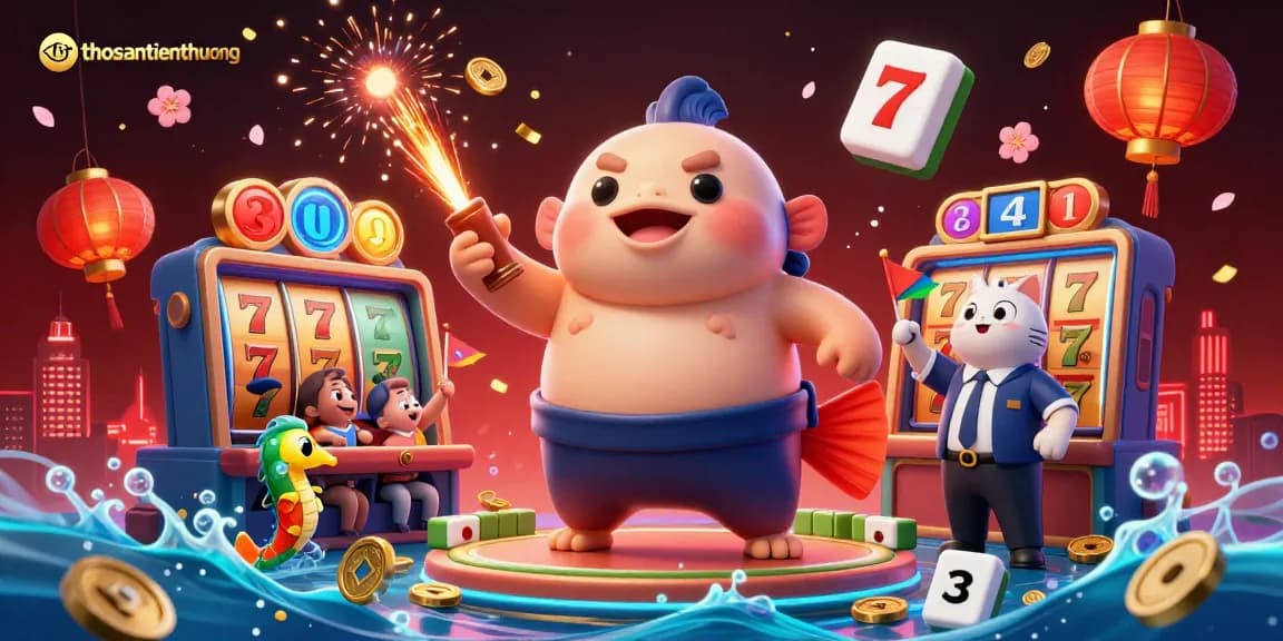 Engage in the thrilling underwater world of thosantienthuong with a massive fugu and vibrant casino elements.