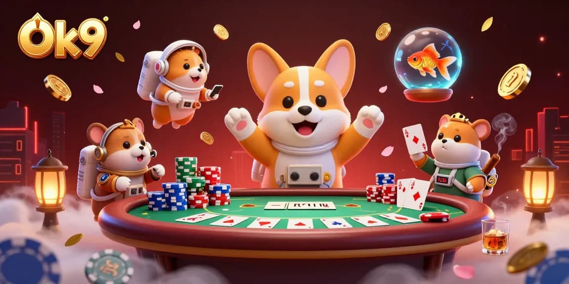 Experience exciting poker gameplay with Ok9's astronaut corgi in a vibrant casino scene.