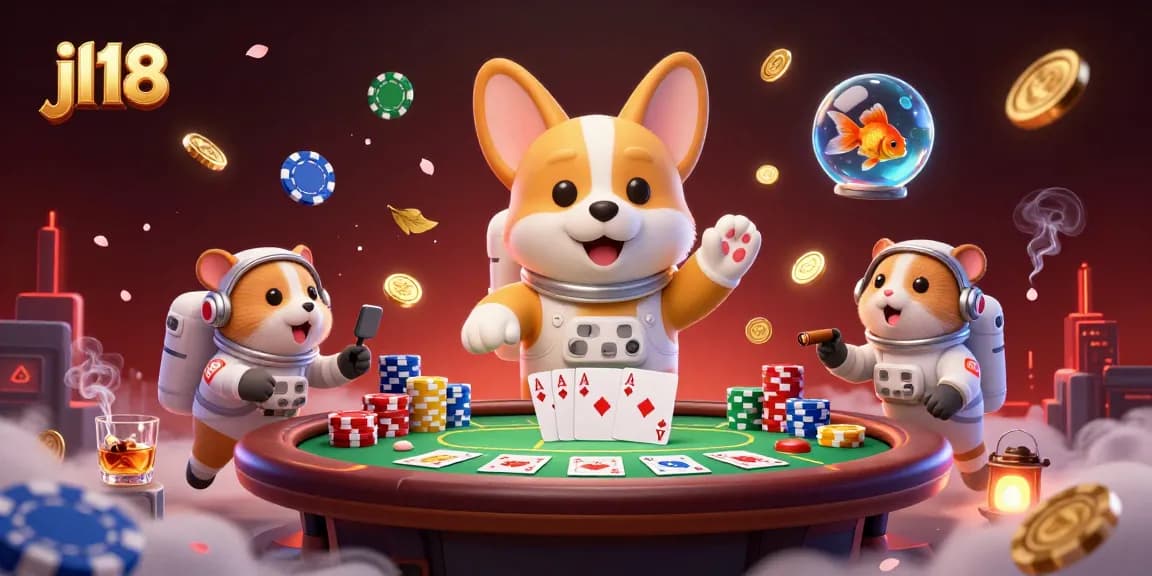 Experience thrilling gaming at jl18 with a floating corgi in a space casino, vibrant poker elements.